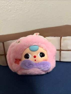 Baby Three 100% with keychain Plush Pink Character Toy with Purple Bow